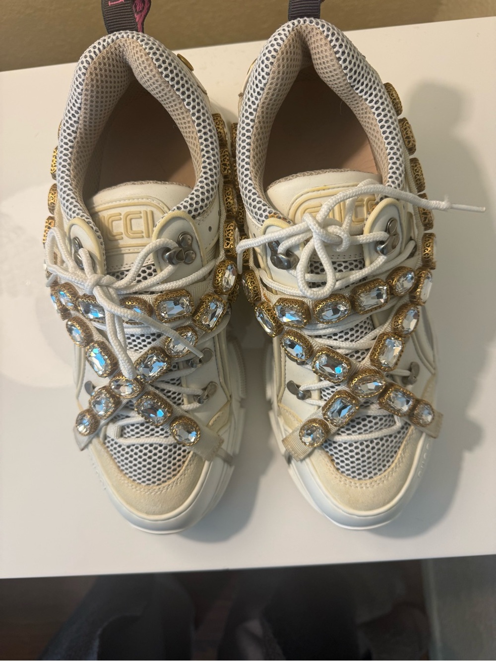 Gucci Cream White Crystal-Strap Chunky Sneakers - Picture 2 of 5
